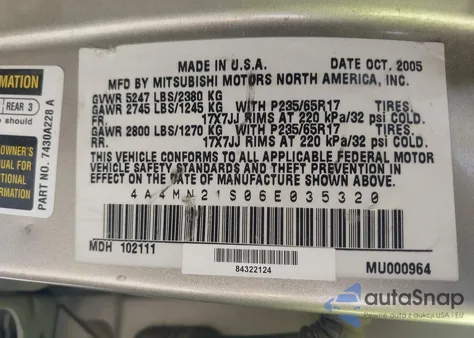 2006 Mitsubishi Endeavor Ls из США, поврежденный, VIN 4A4MN21S06E035320